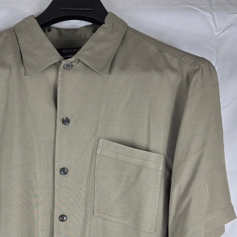 Brandini Pure Silk Shirt Mens Large Olive Khaki Green Short Sleeve Button Down